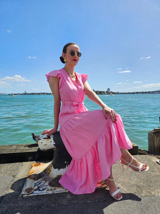 Valencia Pink Linen Tiered Midi Dress | Alma Gray