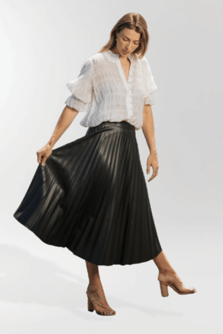 AG Harley Black Faux Leather Pleated Midi Skirt - White Background