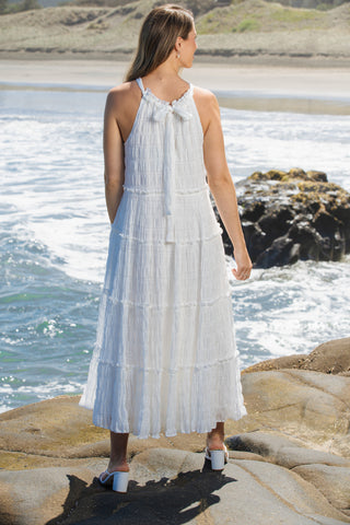 Amalfi Shirred White Maxi Dress | Alma Gray