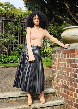 Harley Black Faux Leather Pleated Midi Skirt | Alma Gray