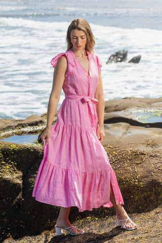 Valencia Pink Linen Tiered Midi Dress | Alma Gray
