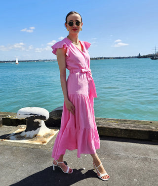 Valencia Pink Linen Tiered Midi Dress | Alma Gray