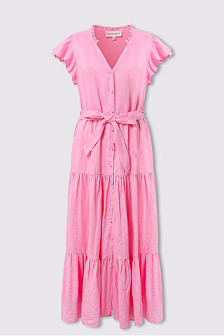Valencia Pink Linen Tiered Midi Dress | Alma Gray