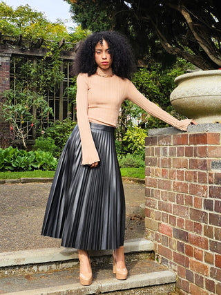 Harley Black Faux Leather Pleated Midi Skirt | Alma Gray