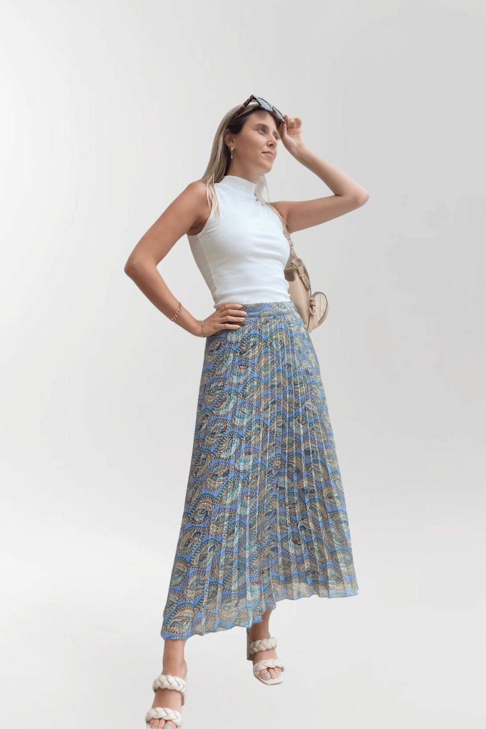 Harley Blue Chain Print Pleated Midi Skirt