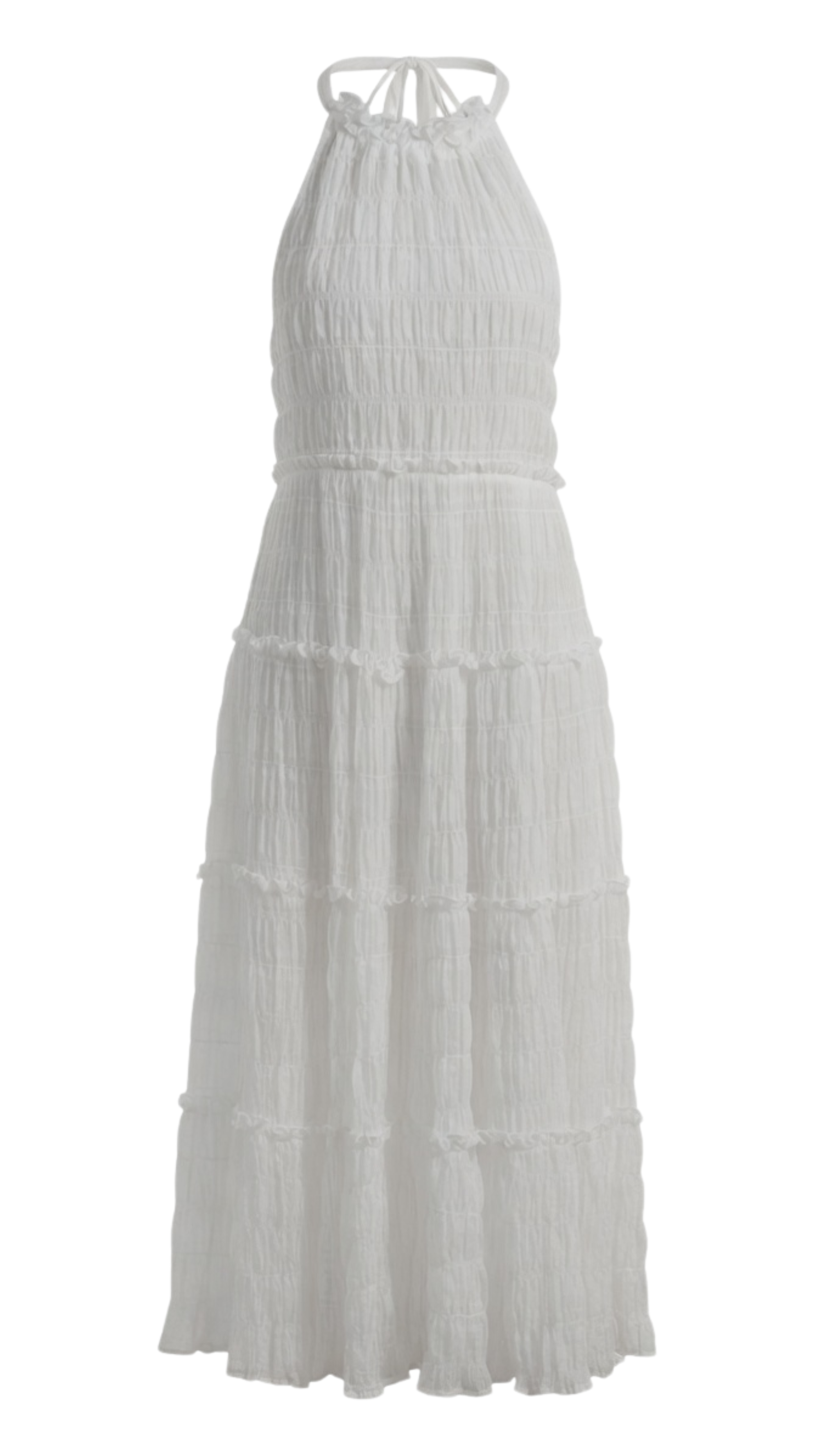 White halter neck dress with tiered layers on a white background