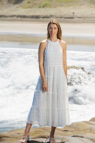 Amalfi Shirred White Maxi Dress | Alma Gray