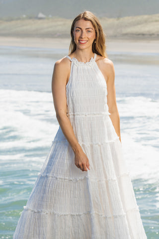 Amalfi Shirred White Maxi Dress | Alma Gray