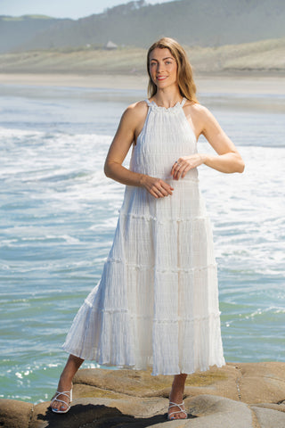 Amalfi Shirred White Maxi Dress | Alma Gray