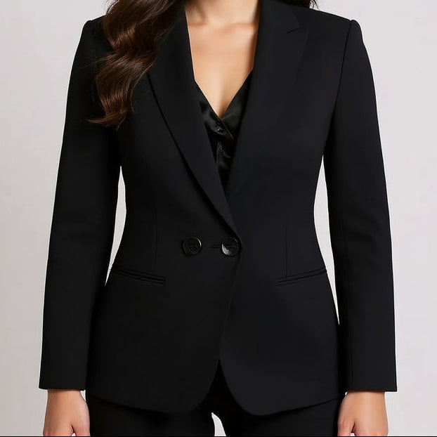 Woman wearing a Blake Black Ruched Sleeve Blazer on a plain background