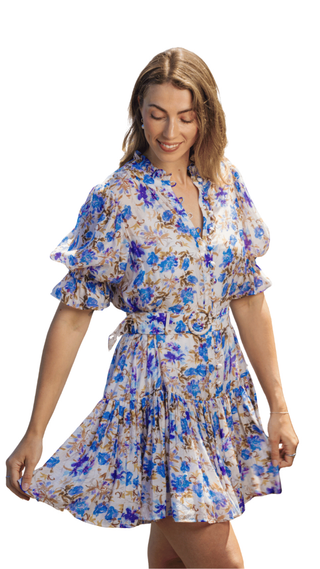 Woman wearing a floral dress on a white background