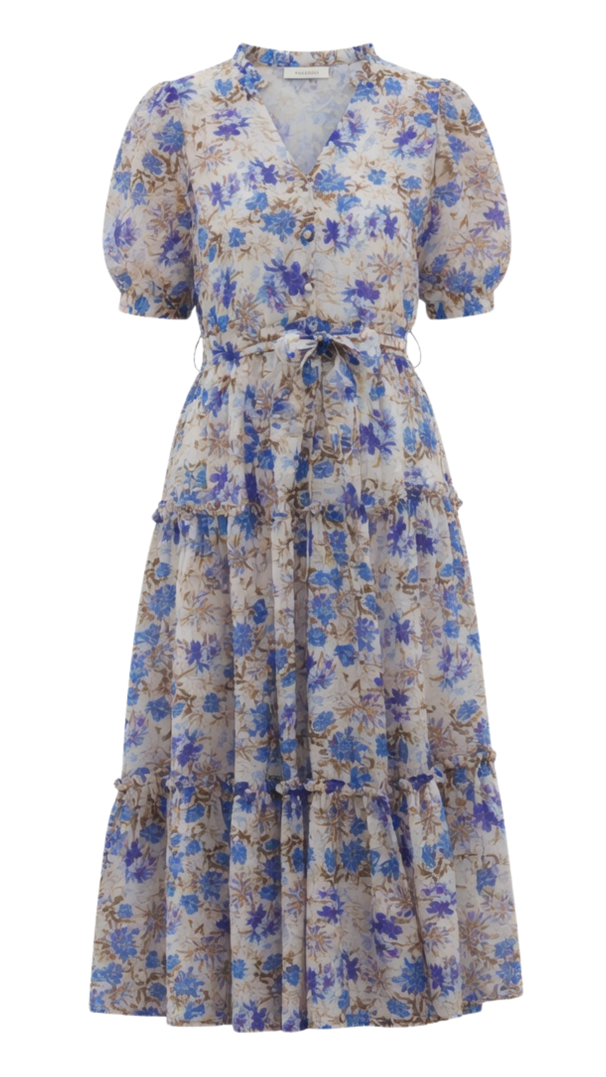 Floral dress with blue and purple flowers on a white frame, on a white background