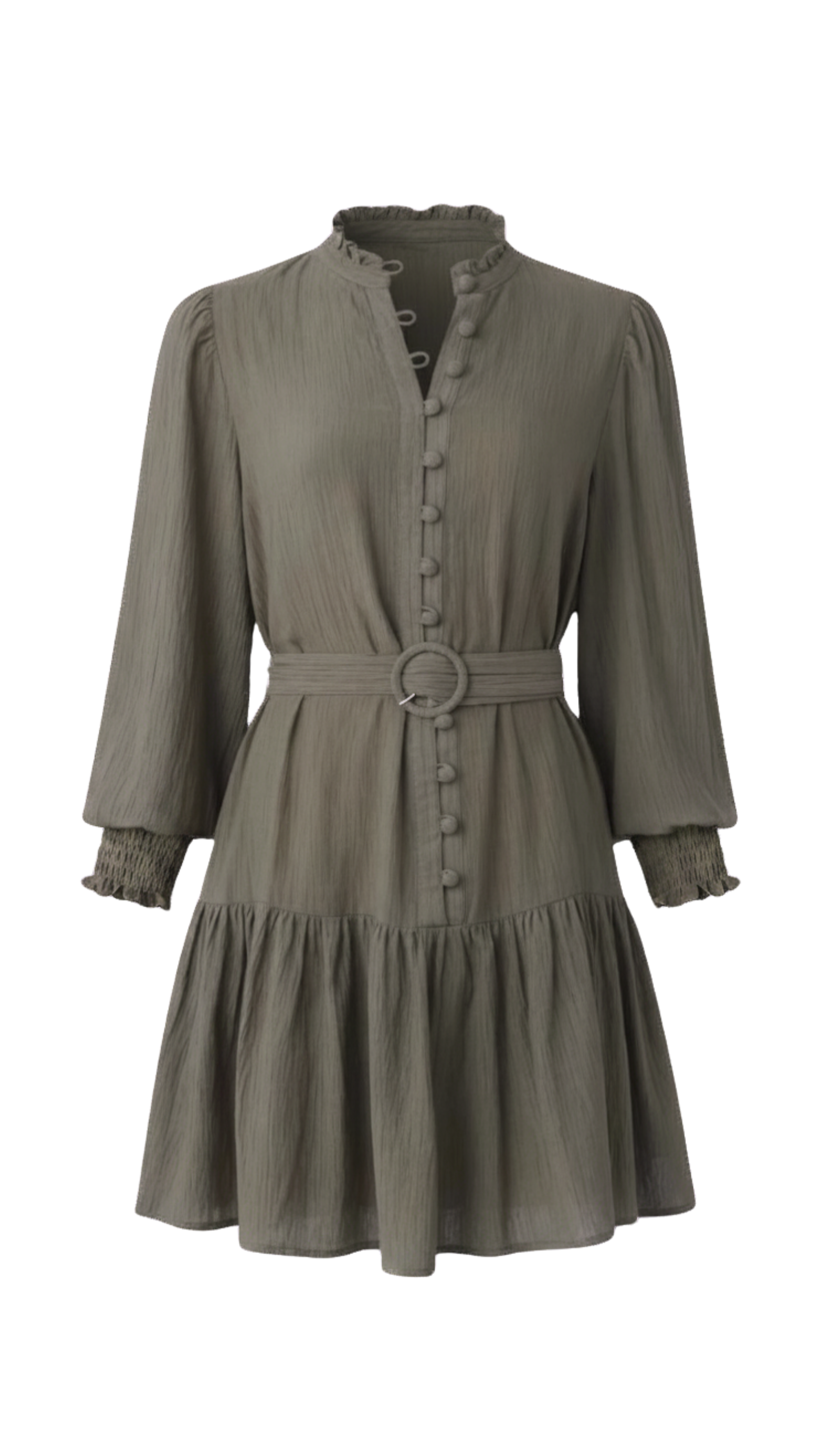 Sage green dress with long sleeves and a belt on a white background
