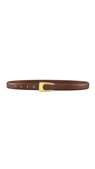 Brown belt with a gold buckle on a white background