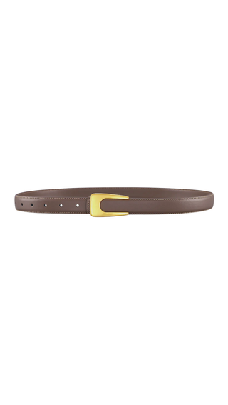 Brown belt with a gold buckle on a white background