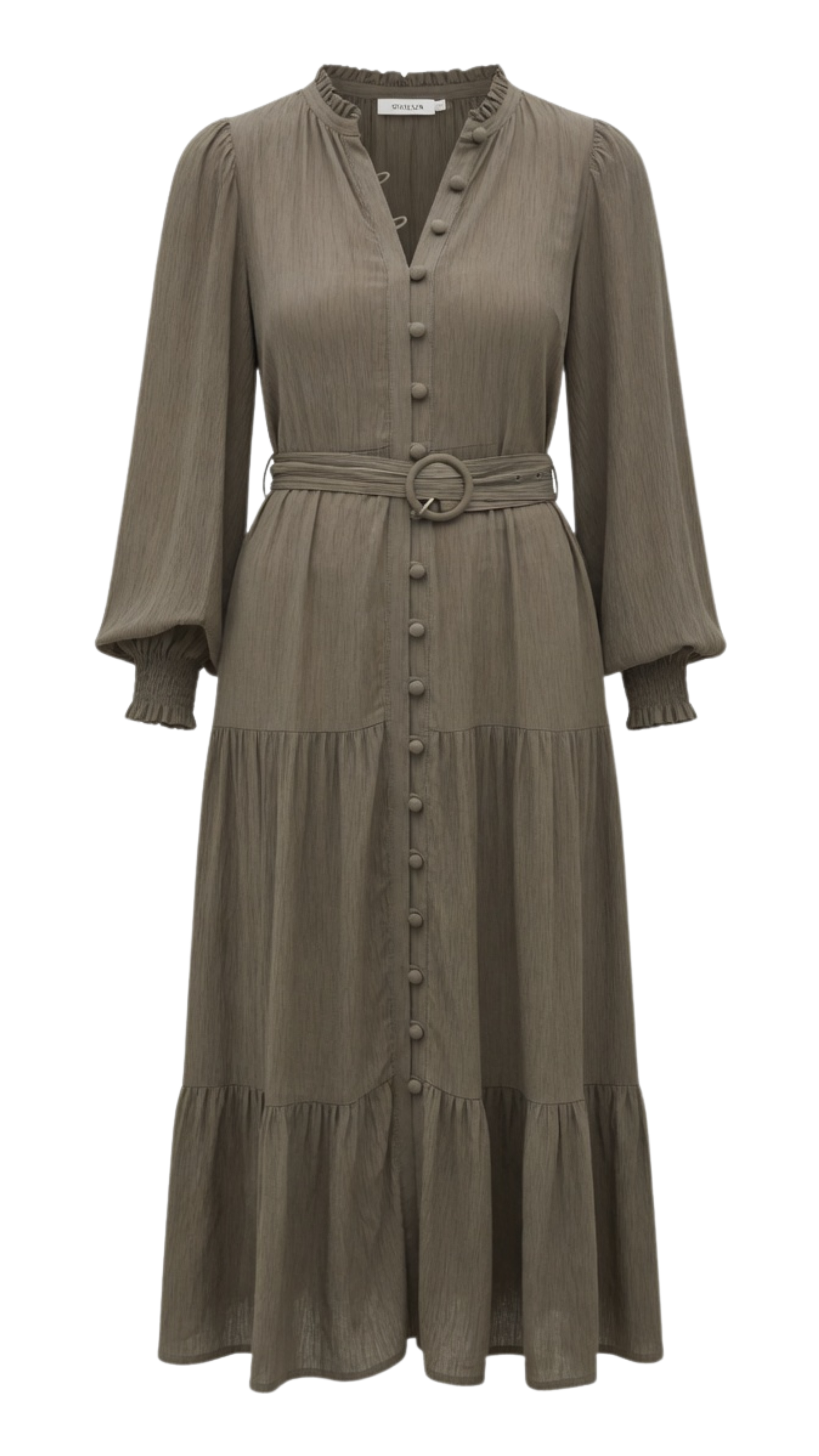 Long sage green tiered dress with a belt on a white background