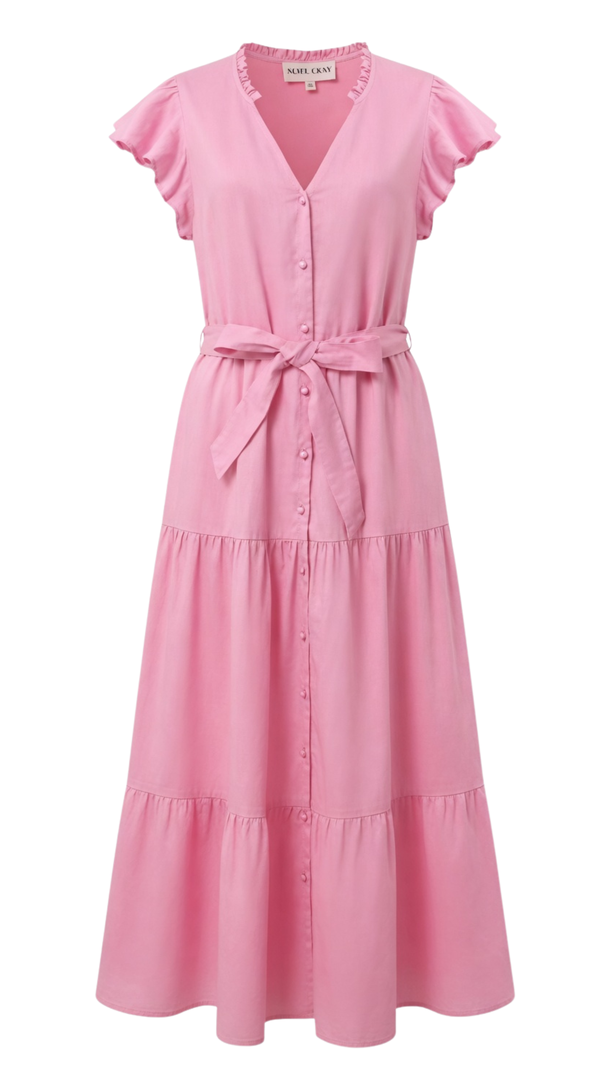 Pink dress with a belt on a white background