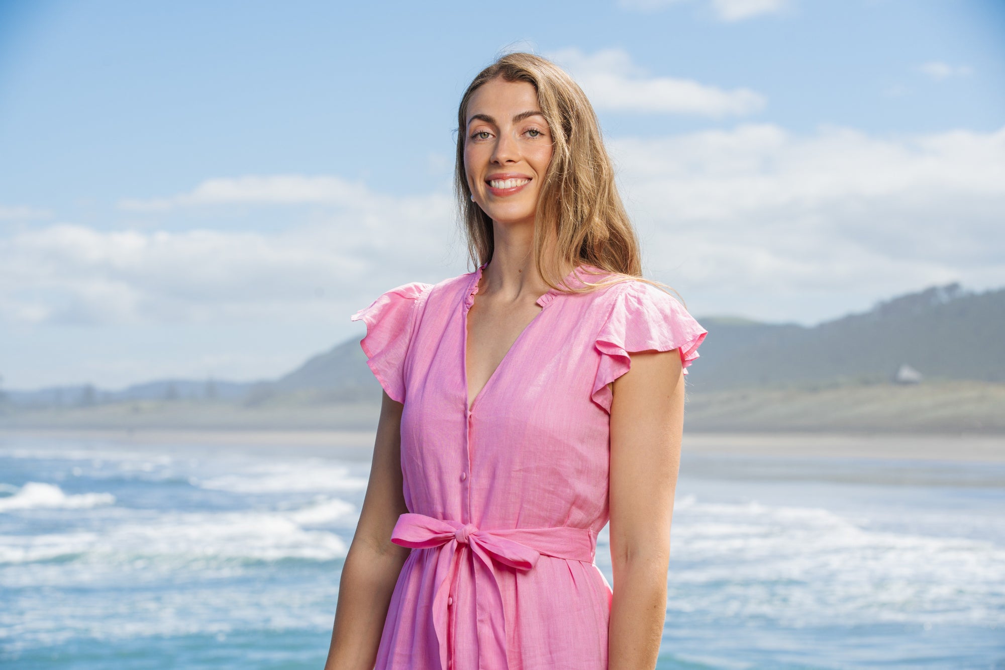 Valencia Pink Linen Tiered Midi Dress | Alma Gray