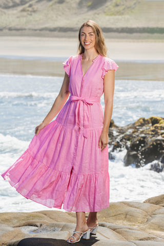 Valencia Cherry Blossom Pink Linen Tiered Midi Dress