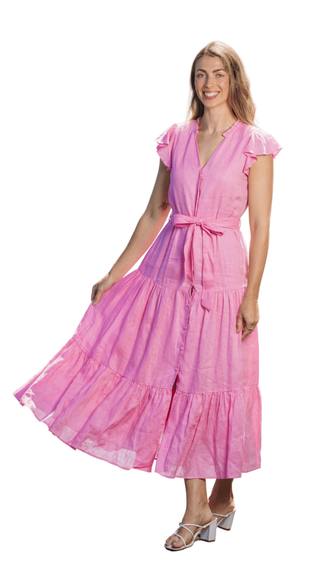 Woman wearing a pink dress on a white background