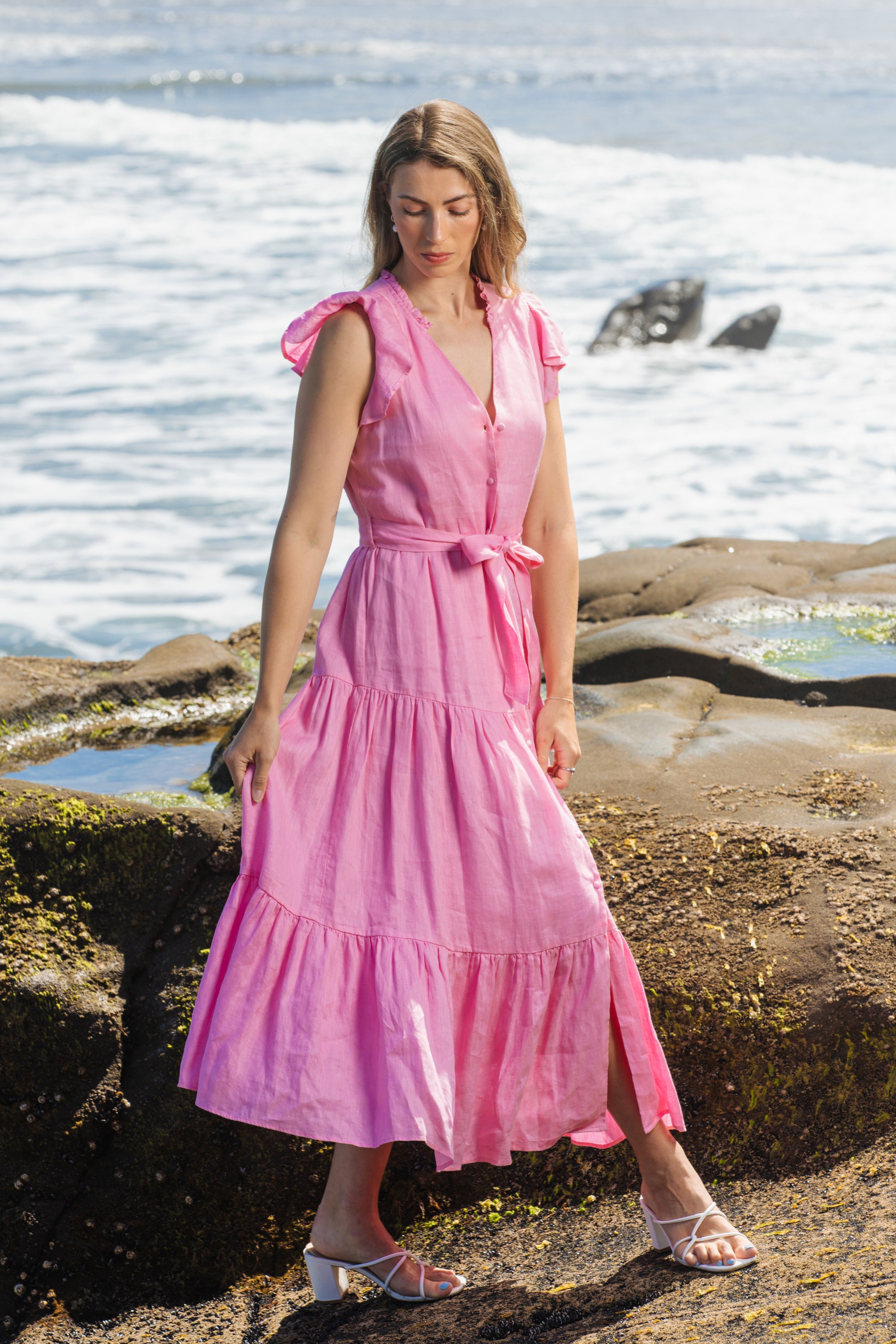 Valencia Pink Linen Tiered Midi Dress | Alma Gray