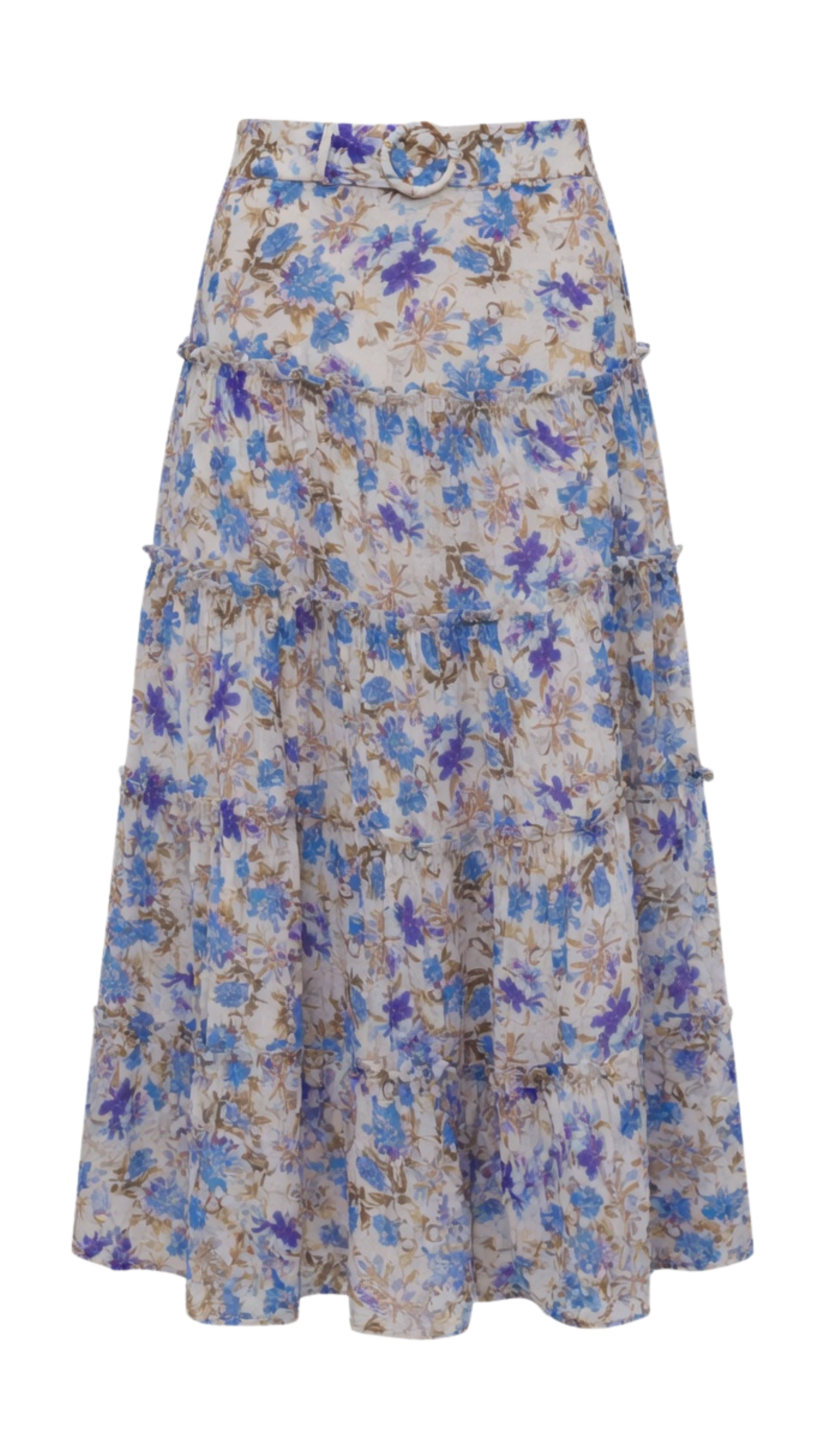Floral patterned blue skirt on a white background