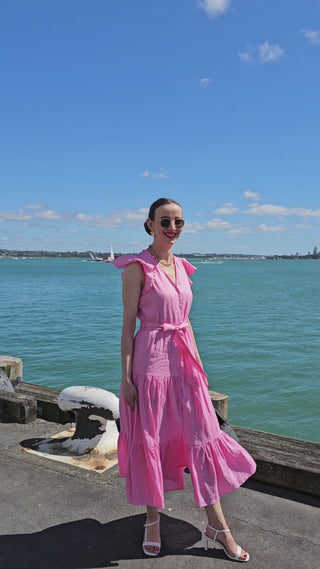 Valencia Pink Linen Tiered Midi Dress